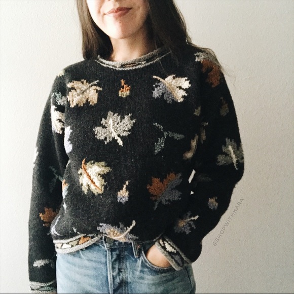 Nomadic Traders Sweaters - Vintage Fall Leaf Crewneck Thick Wool Sweater S